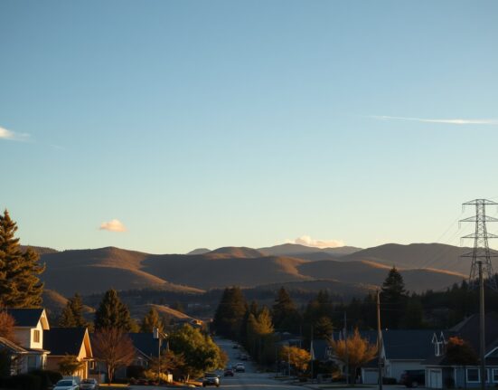 A serene vacation town in the Santa Cruz Mountains with power lines in the background during golden hour.