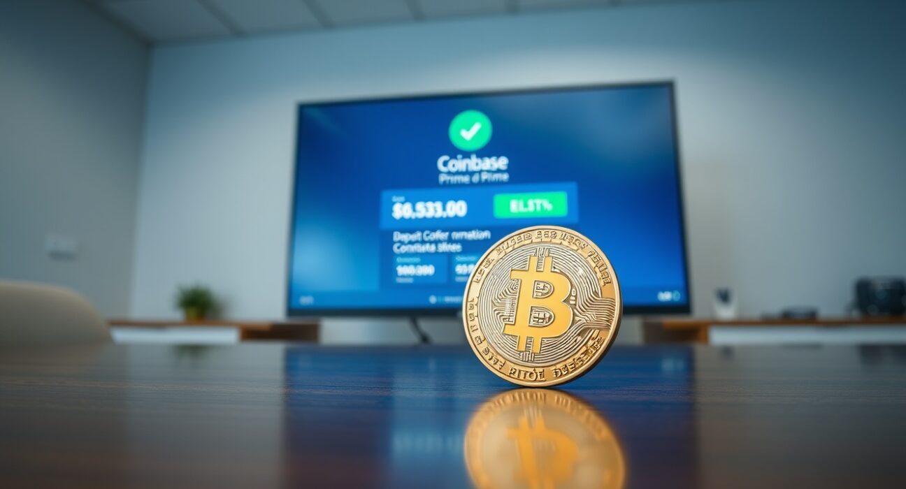 Bitcoin coin on a desk in front of a monitor showing a Coinbase Prime deposit interface.