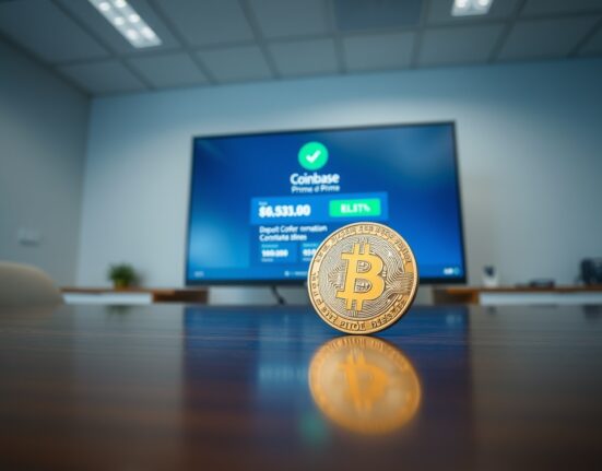 Bitcoin coin on a desk in front of a monitor showing a Coinbase Prime deposit interface.
