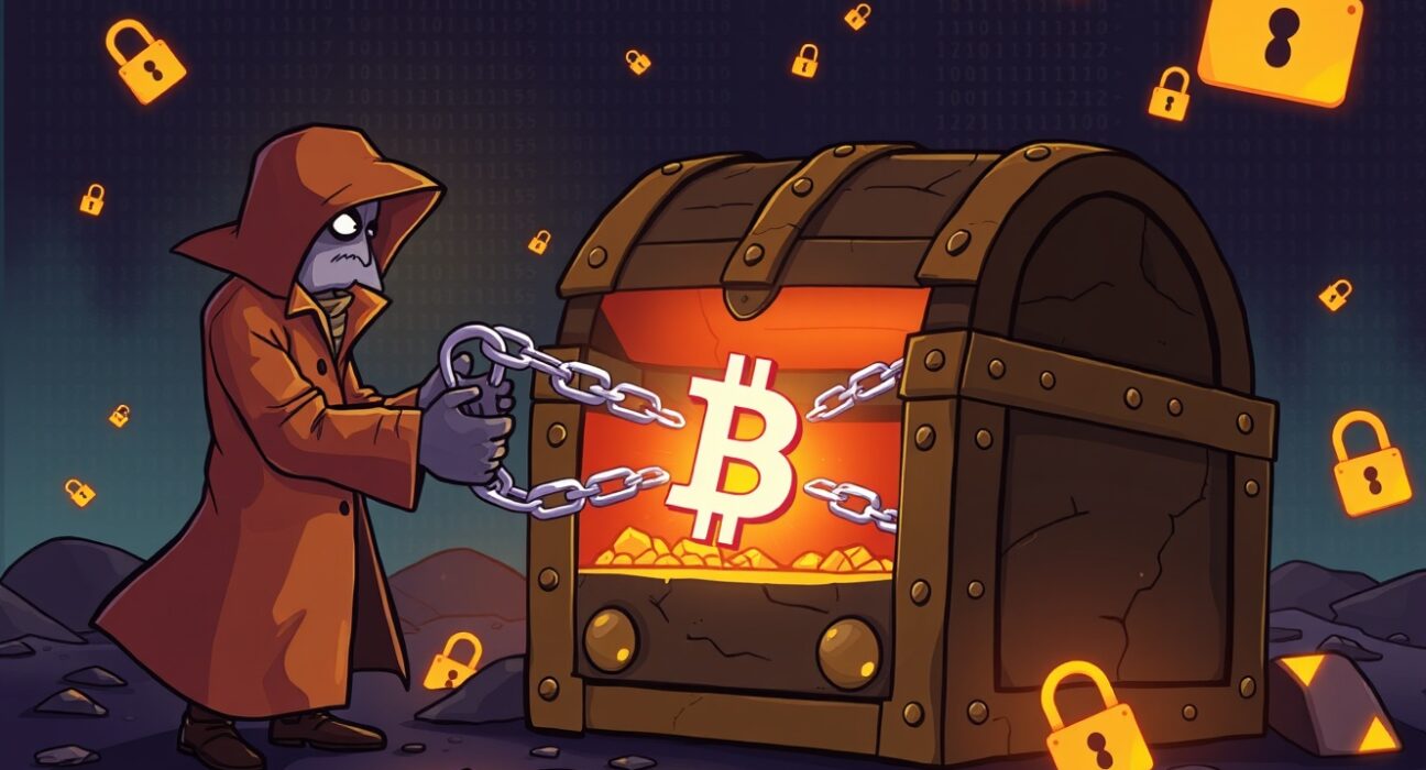 Mysterious cartoon figure unlocking a glowing Bitcoin treasure chest from dormant Silk Road wallets.