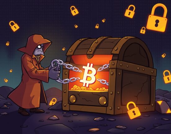 Mysterious cartoon figure unlocking a glowing Bitcoin treasure chest from dormant Silk Road wallets.