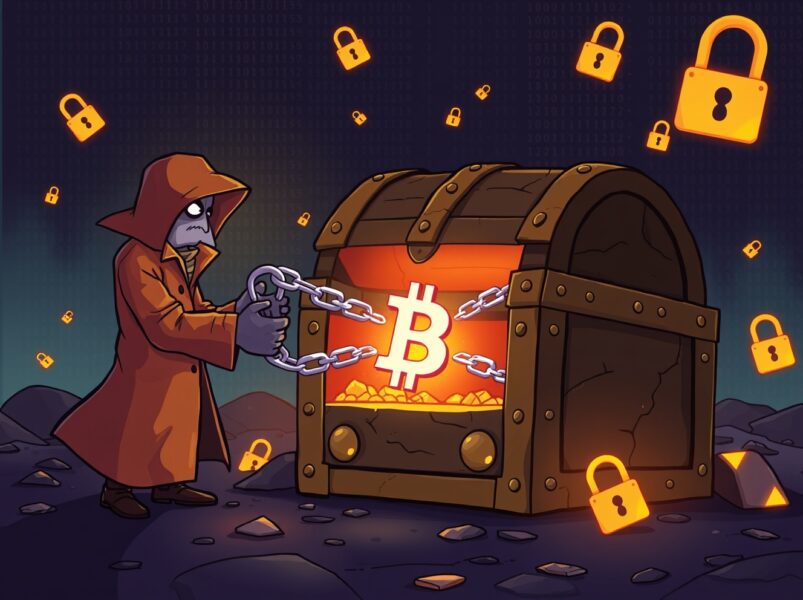 Mysterious cartoon figure unlocking a glowing Bitcoin treasure chest from dormant Silk Road wallets.