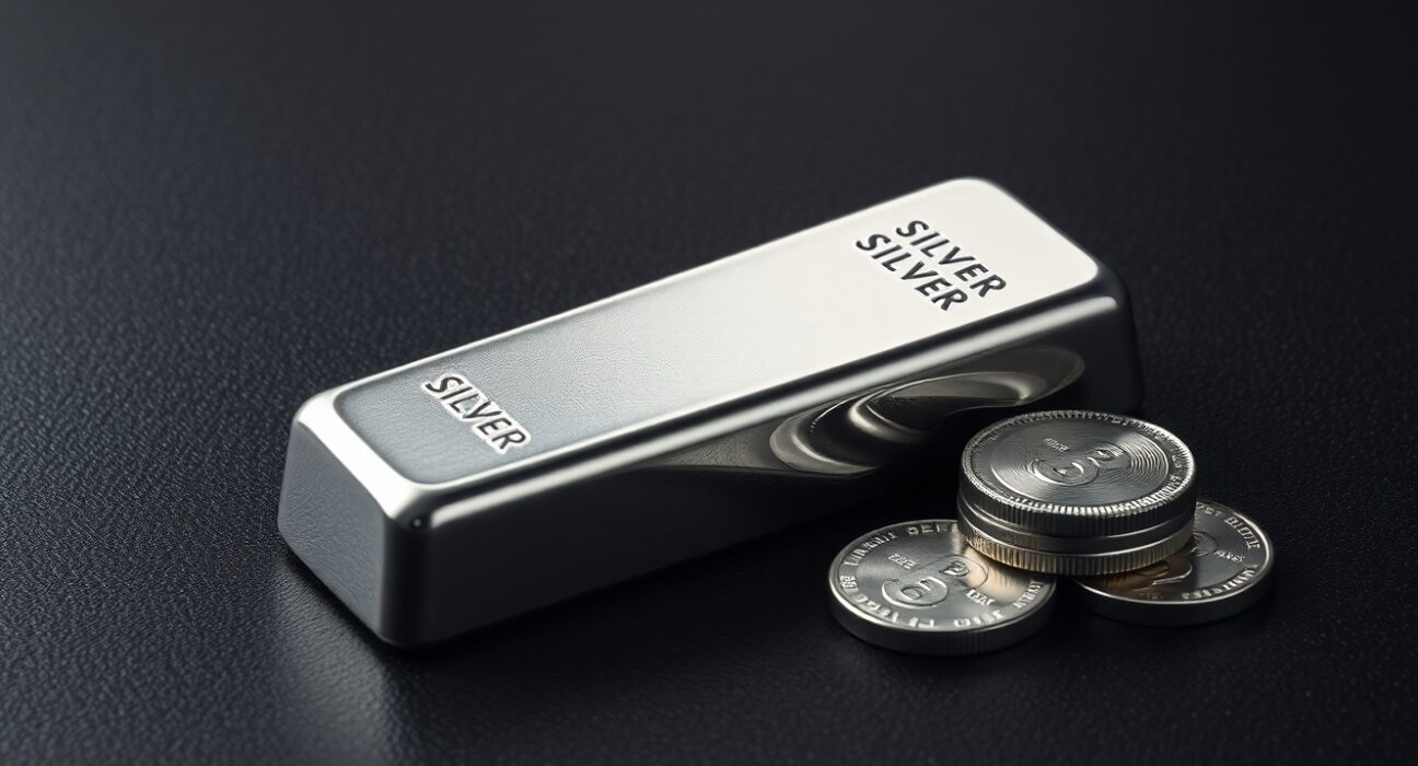 Close-up of a silver bar and coins on a dark surface representing precious metals investment