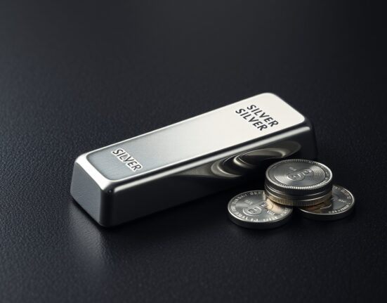 Close-up of a silver bar and coins on a dark surface representing precious metals investment