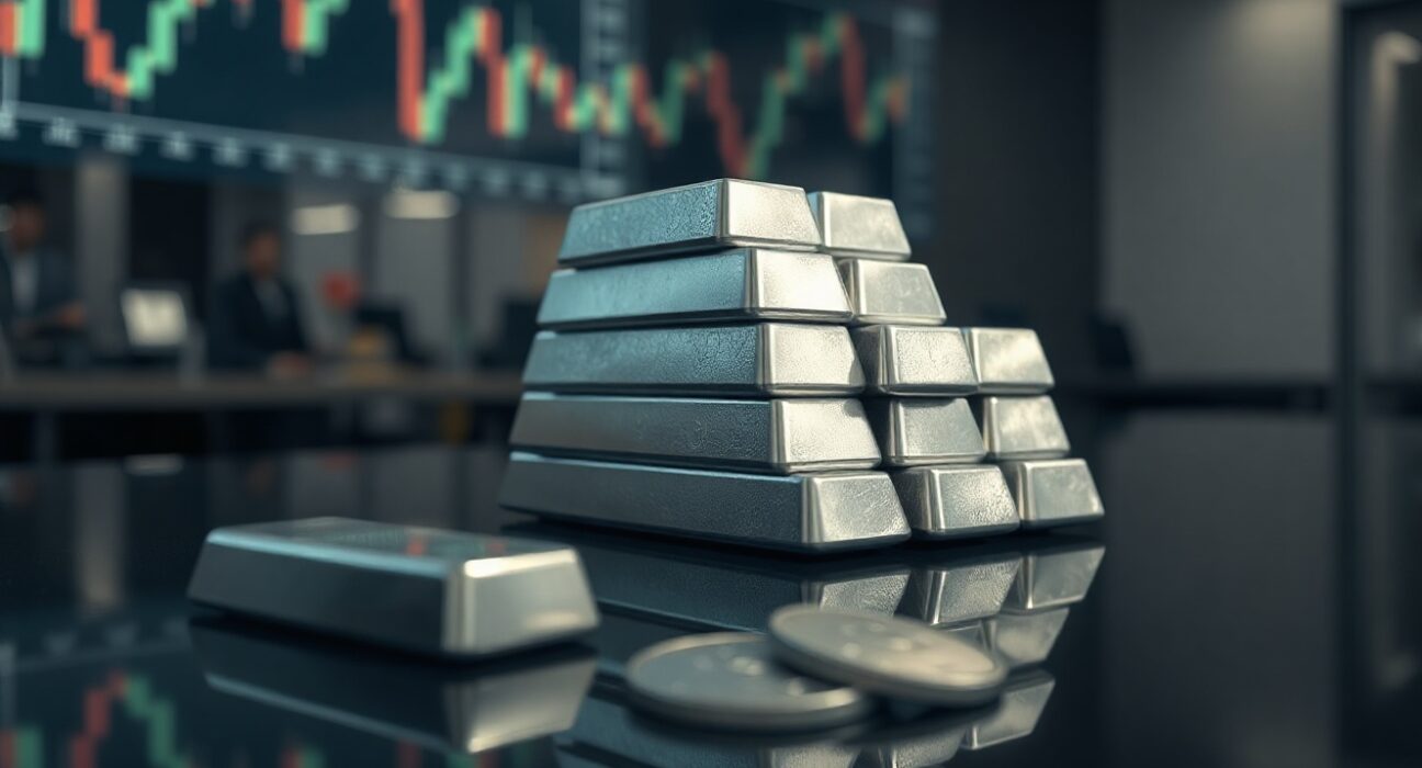 Silver bullion bars stacked on a reflective surface with a financial chart in the background