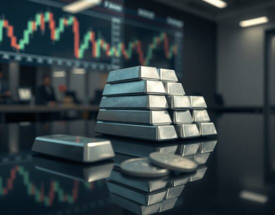 Silver bullion bars stacked on a reflective surface with a financial chart in the background