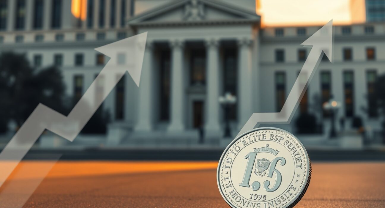 Silver bullion coin and Federal Reserve building representing silver price advance ahead of Fed rate decision