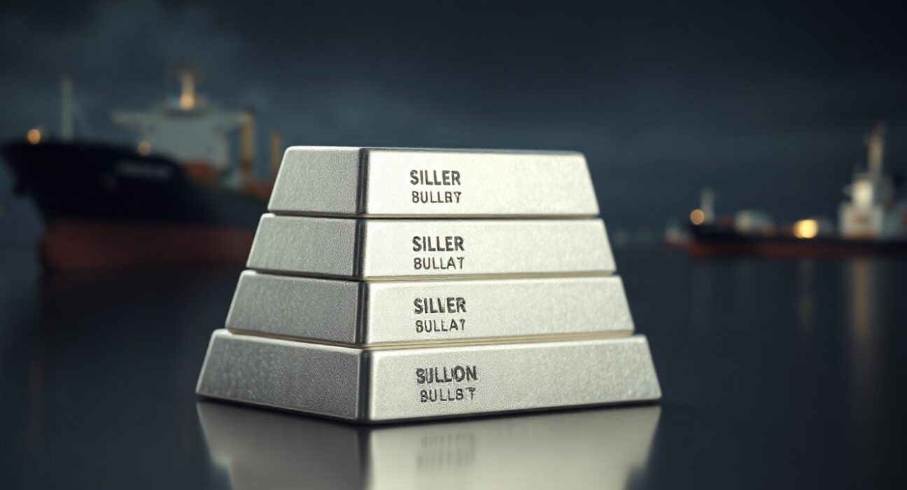 Silver bullion bars stacked on a reflective surface with a blurred shipping lane background