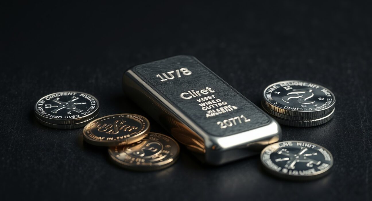 Close-up of a silver bar and coins on a dark surface representing precious metals trading.