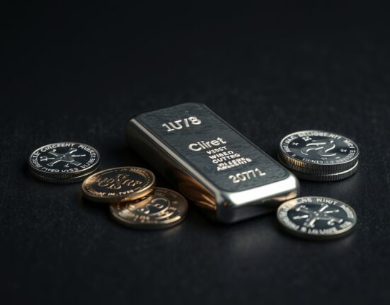 Close-up of a silver bar and coins on a dark surface representing precious metals trading.