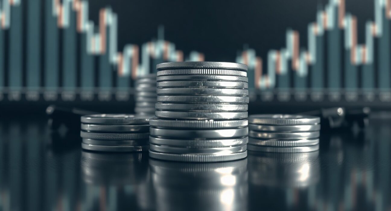 Silver bullion coins and bars on a reflective surface with a blurred financial chart in background