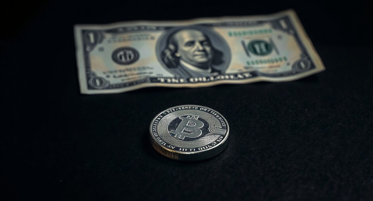 Silver bullion coin on dark surface with US dollar bill reflection, representing falling silver prices after jobs report