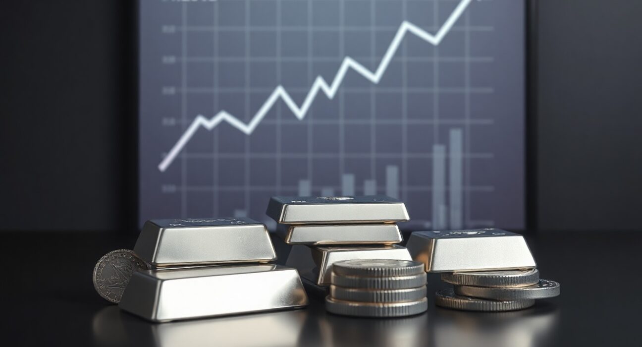 Silver bullion bars and coins with a digital chart in the background symbolizing market growth.