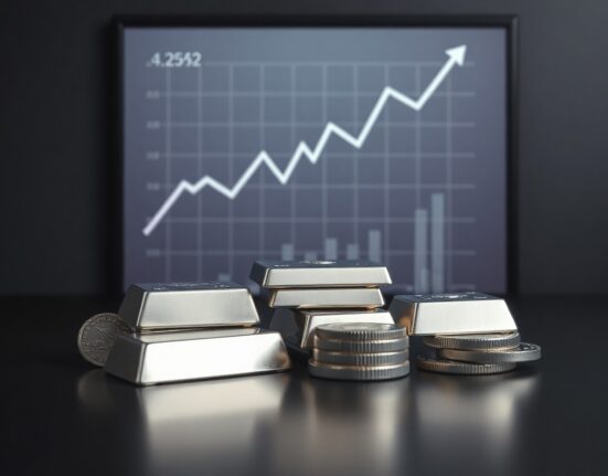 Silver bullion bars and coins with a digital chart in the background symbolizing market growth.