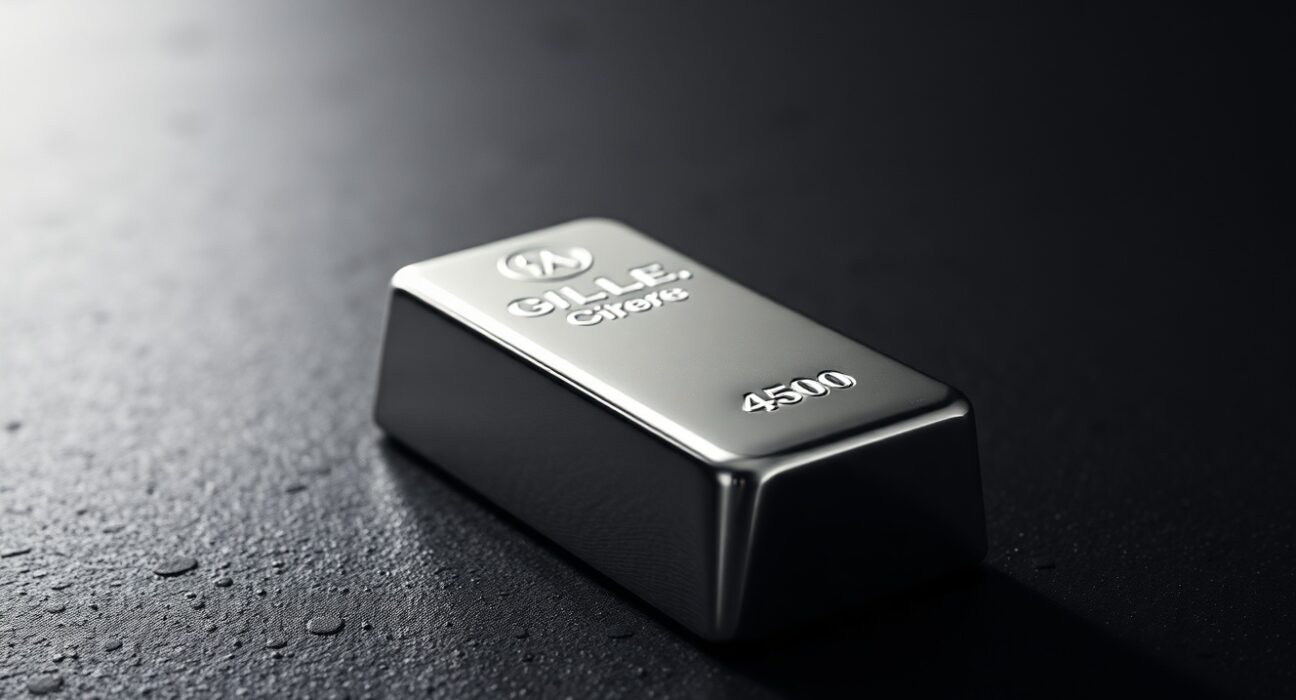 A single polished silver bar on a dark surface with dramatic studio lighting, representing precious metals market analysis.