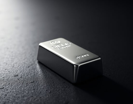 A single polished silver bar on a dark surface with dramatic studio lighting, representing precious metals market analysis.