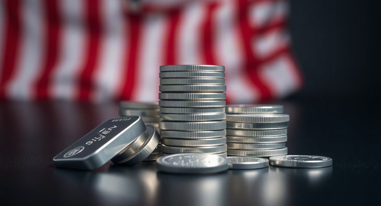 Silver bullion coins and bars stacked on a reflective surface, representing rising silver prices.