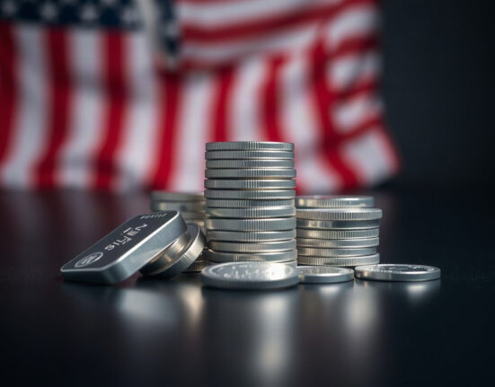Silver bullion coins and bars stacked on a reflective surface, representing rising silver prices.