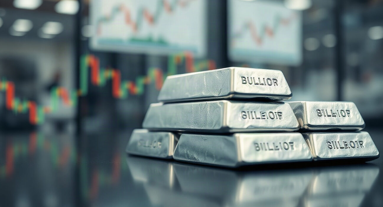 Silver bullion bars stacked on a reflective surface with a blurred chart in the background