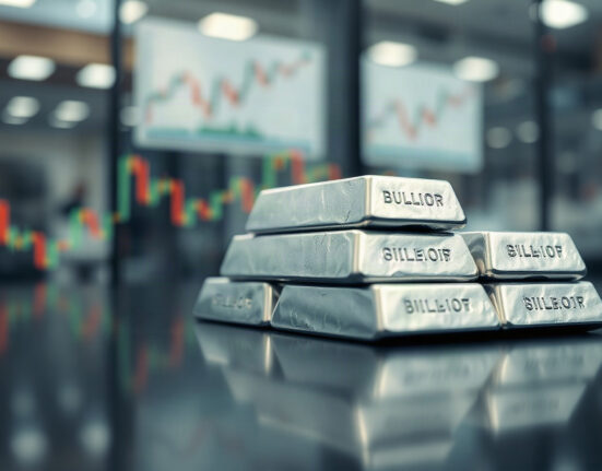 Silver bullion bars stacked on a reflective surface with a blurred chart in the background