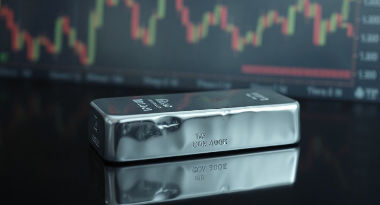 Close-up of a silver bar on a reflective surface with a blurred financial chart background