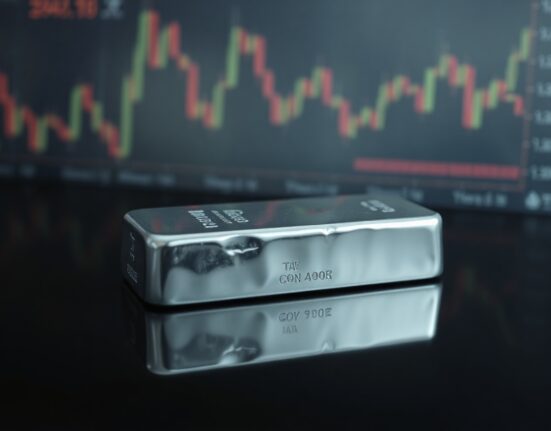Close-up of a silver bar on a reflective surface with a blurred financial chart background