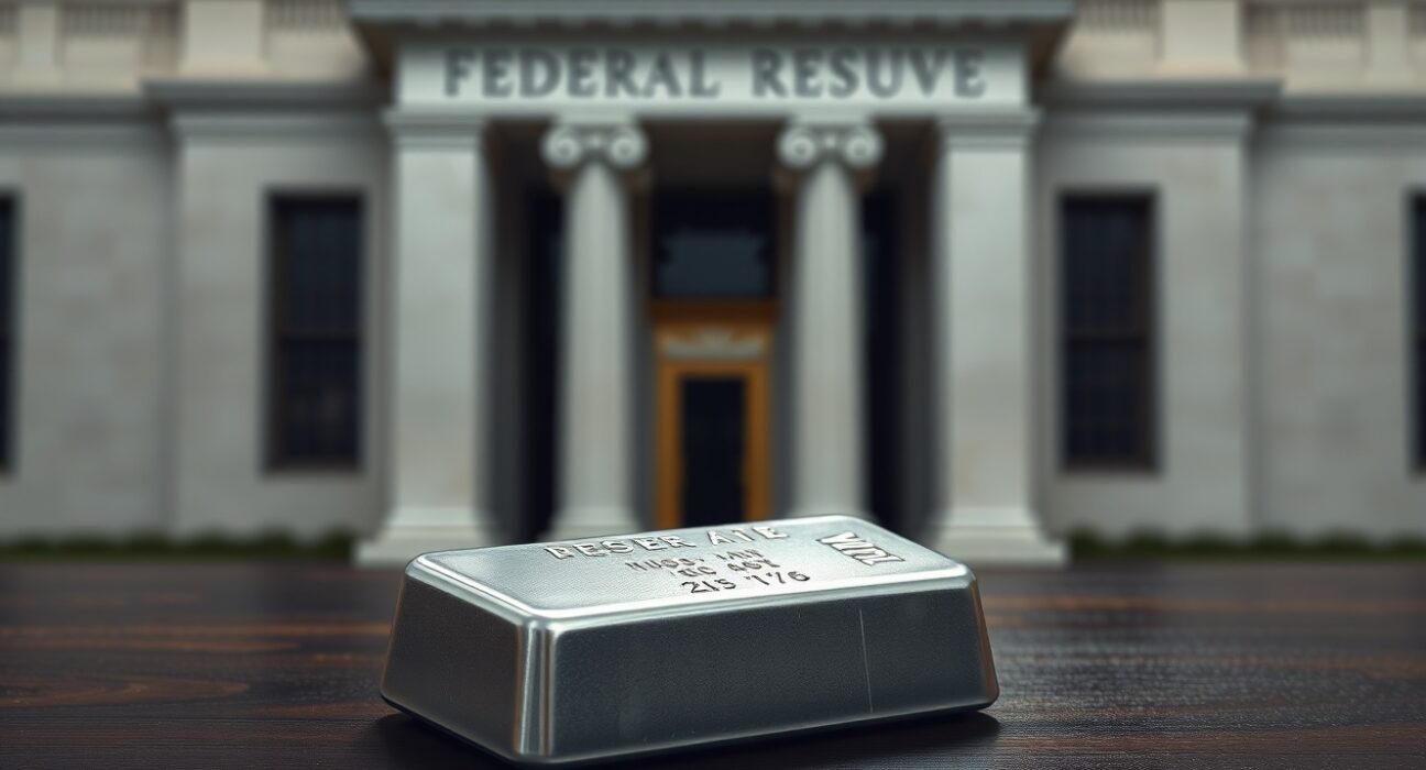 Silver declines as Fed holds interest rates steady, with a silver bar in focus against a Federal Reserve building background