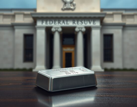 Silver declines as Fed holds interest rates steady, with a silver bar in focus against a Federal Reserve building background