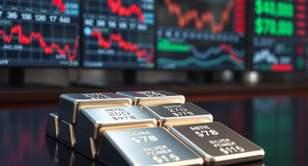 Silver bullion bars stacked on table with financial monitors showing market declines in background