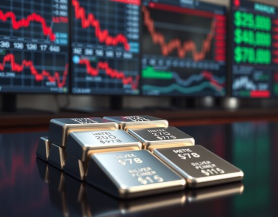 Silver bullion bars stacked on table with financial monitors showing market declines in background