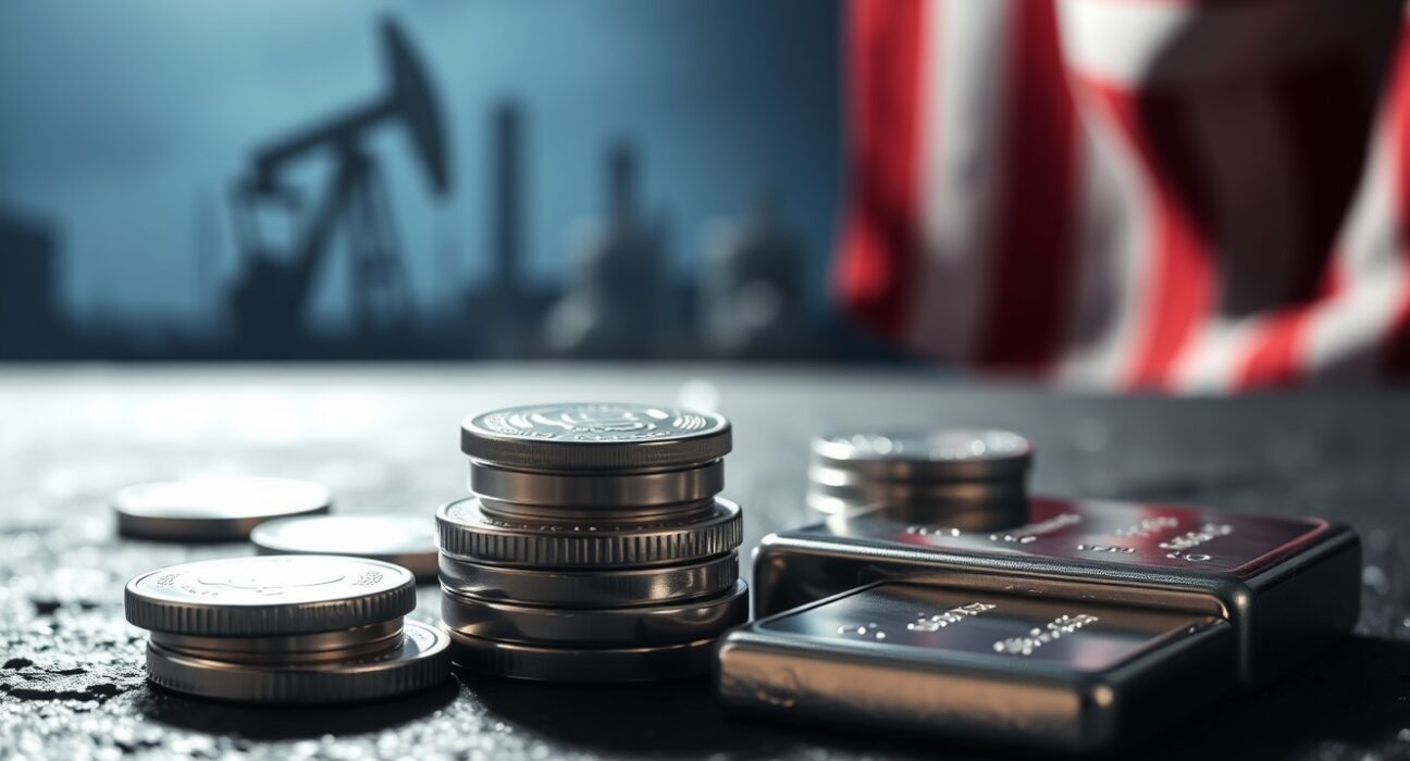 Silver bullion coins and bars reflecting light with blurred oil refinery and American flag in background