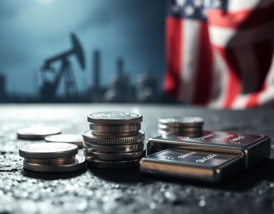 Silver bullion coins and bars reflecting light with blurred oil refinery and American flag in background