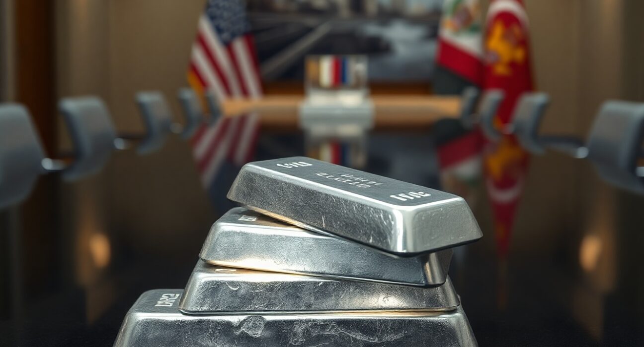 Stacked silver bullion bars with American flag and diplomatic meeting room in blurred background