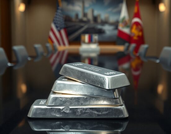 Stacked silver bullion bars with American flag and diplomatic meeting room in blurred background