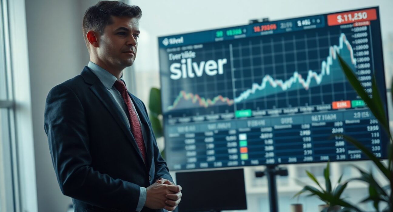 Analyst reviewing silver price forecasts on digital display in modern office