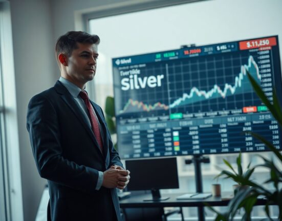 Analyst reviewing silver price forecasts on digital display in modern office