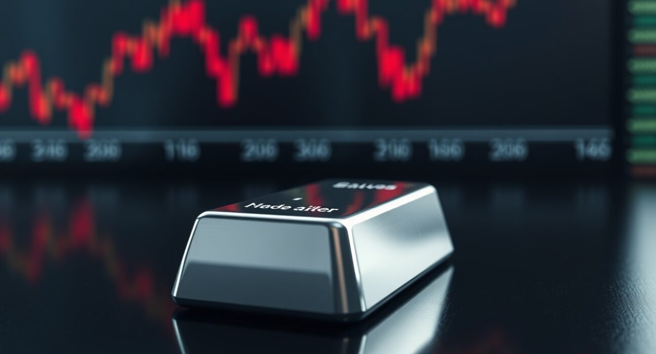 A polished silver bar reflecting a financial market ticker with falling numbers, illustrating the threat to silver demand from an inflation shock as warned by TD Securities.