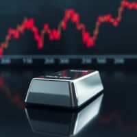 A polished silver bar reflecting a financial market ticker with falling numbers, illustrating the threat to silver demand from an inflation shock as warned by TD Securities.