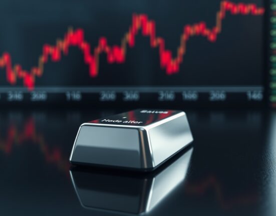 A polished silver bar reflecting a financial market ticker with falling numbers, illustrating the threat to silver demand from an inflation shock as warned by TD Securities.