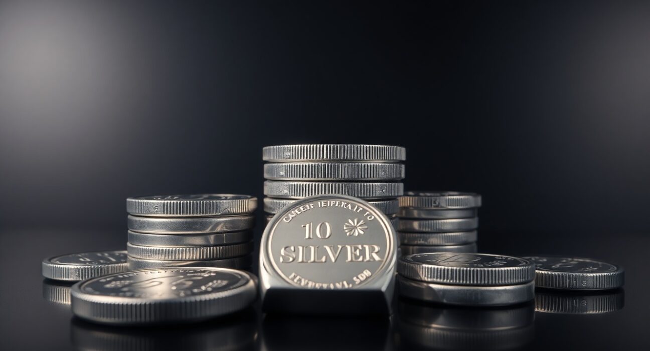 Silver bullion coins and bars on a dark reflective surface