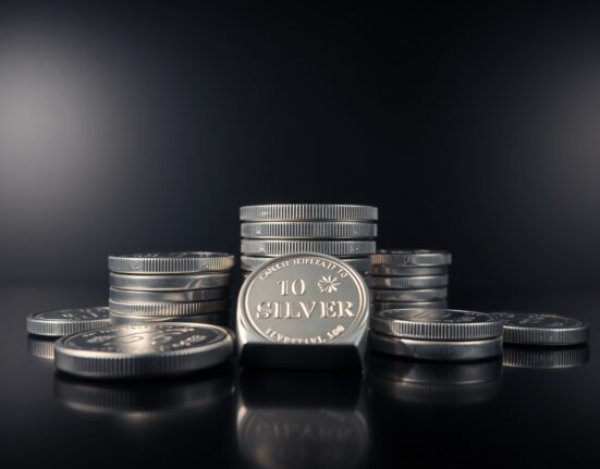 Silver bullion coins and bars on a dark reflective surface