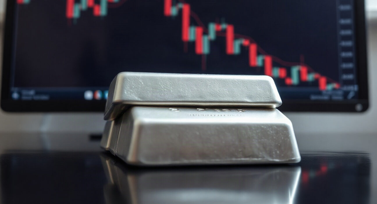 Silver bullion bars on a reflective surface with a market chart in the background