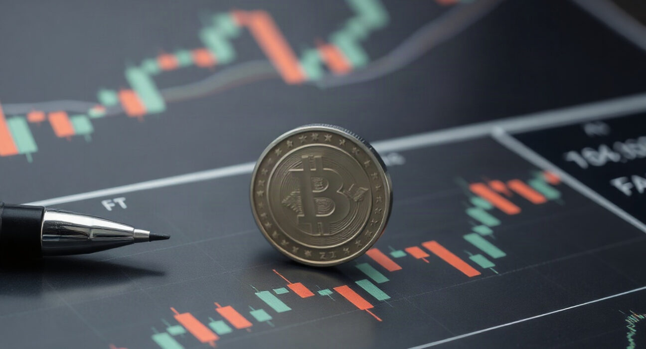 Silver coin on candlestick chart representing Elliott Wave analysis