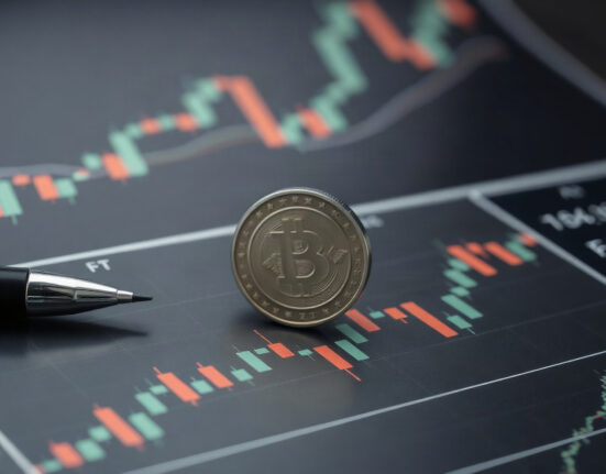 Silver coin on candlestick chart representing Elliott Wave analysis