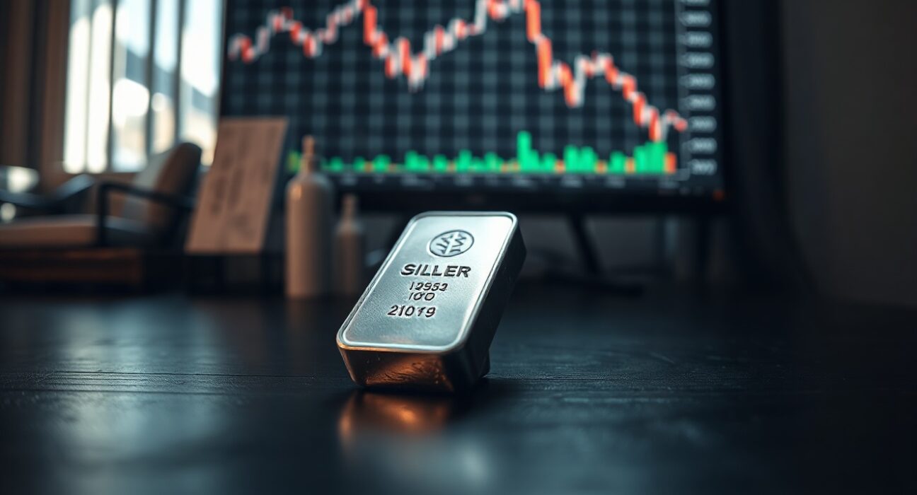 Silver bullion bar on dark wood with a downward-trending financial chart in the background.