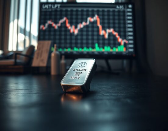 Silver bullion bar on dark wood with a downward-trending financial chart in the background.