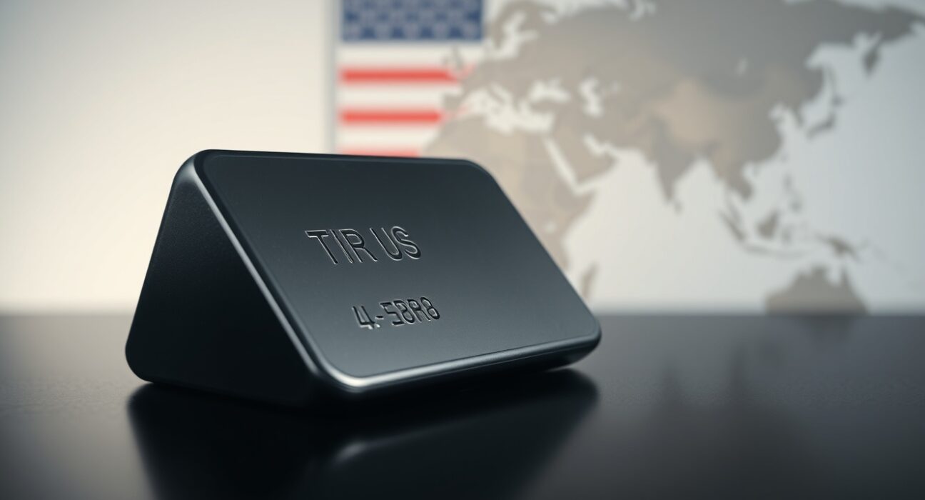 Silver bar on reflective surface with American flag and Middle East map in background