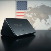 Silver bar on reflective surface with American flag and Middle East map in background