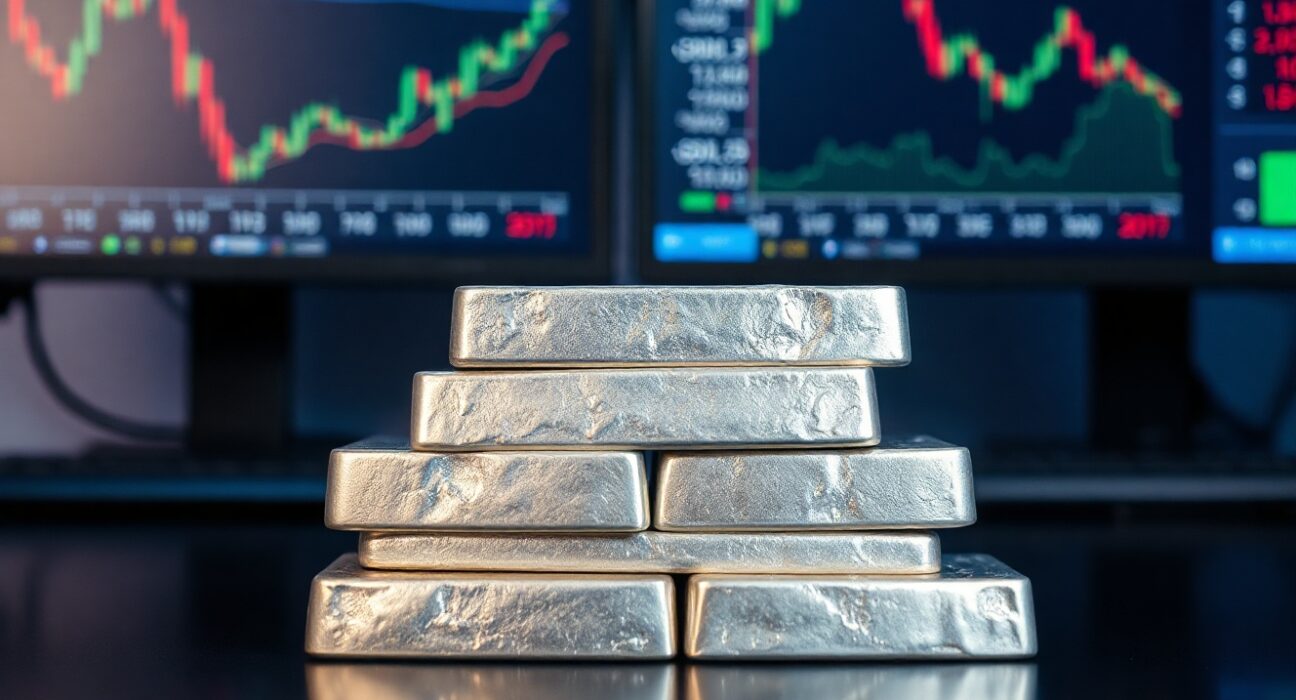 Stack of silver bullion bars with financial charts in background showing price decline and dollar strength.