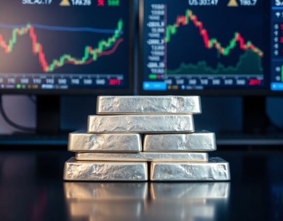 Stack of silver bullion bars with financial charts in background showing price decline and dollar strength.